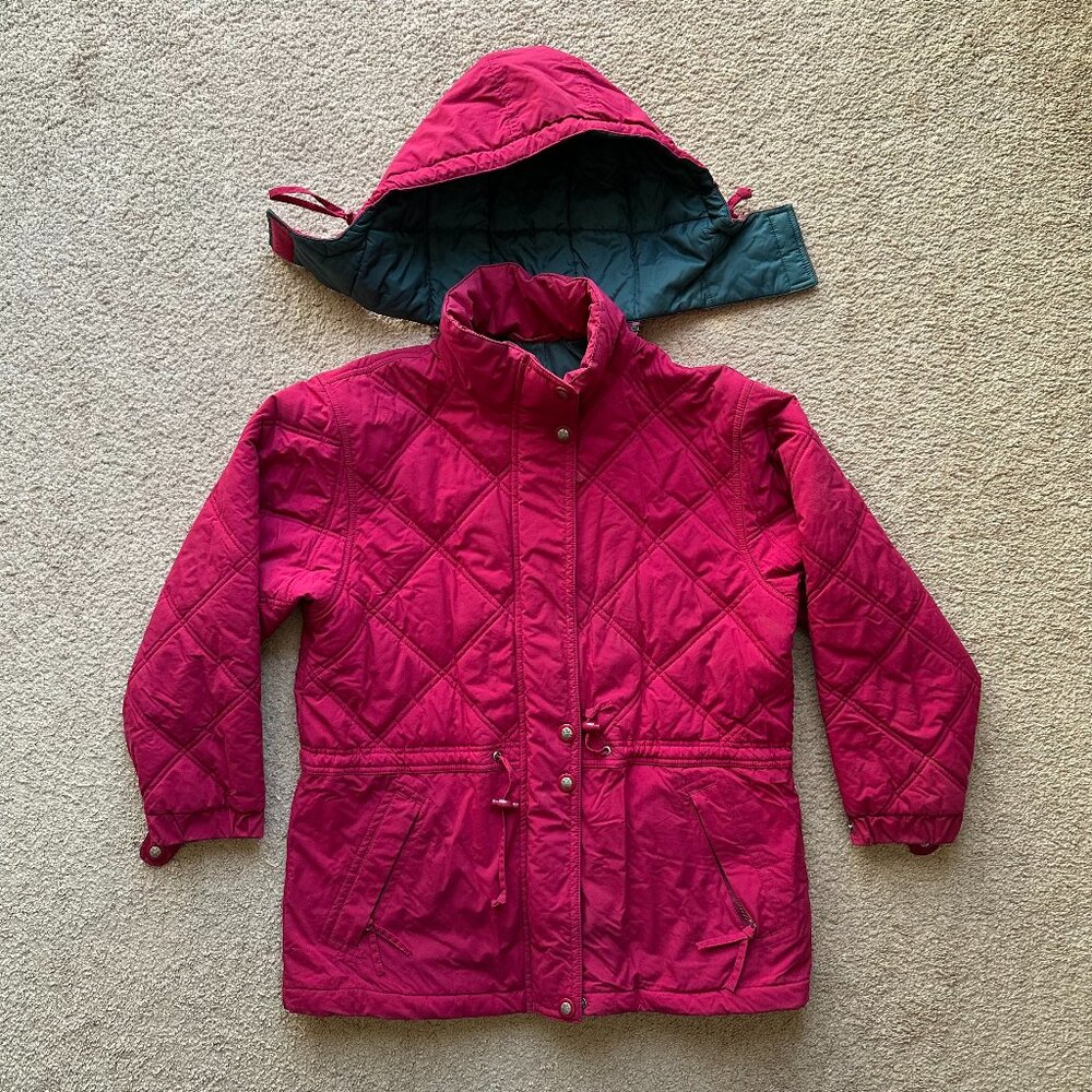 LL Bean Jacket Womens Medium Petite Full Zip Vtg Hood Pink Quilted Pockets Nylon
